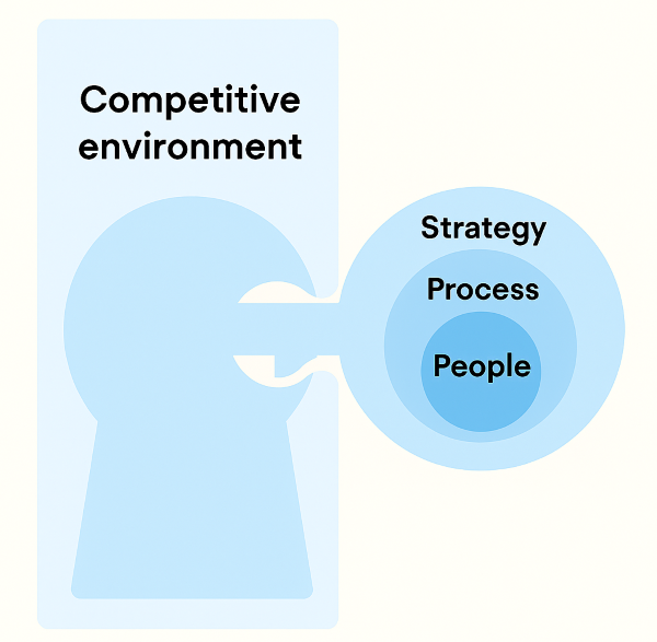 Strategic alignment as the key to competitive fit—when People, Process, Structure, and Strategy interlock seamlessly, the organization unlocks performance within its environment. [Image: Copilot]