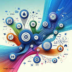 Systems theory: A visual symphony of interconnected processes, where inputs, outputs, and feedback loops harmonize to reflect dynamic relationships and collaborative complexity.