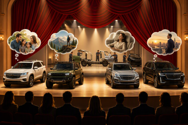 On the showroom stage, customers see family value, rugged capability, refined comfort, and luxury prestige. Behind the curtain, a common engineering platform is transformed into distinct brand identities, revealing how perception, positioning, and customer aspirations create meaningful differentiation from the same underlying foundation. (Image: Copilot)