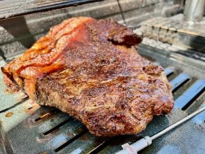 Bark goals achieved! The Porter Road Dry Aged brisket hits 165°F on the Char-Broil TRU-Infrared—glossy, mahogany crust. Ready for the foil wrap.